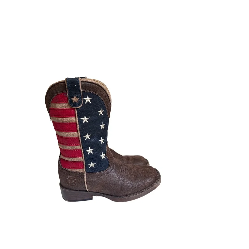 Roper Kids American Flag Cowboy Boots Brown Faux Leather Stars Stripes Size 10